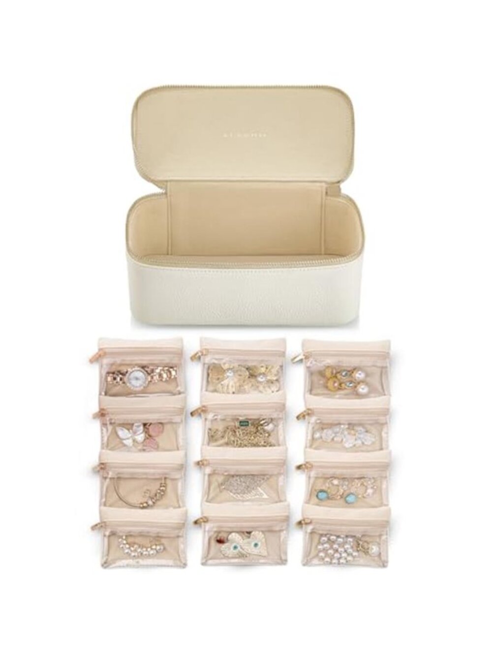 White Travel Jewelry Box Organizer Case 12 Velvet Pouches Necklace Earring Ring